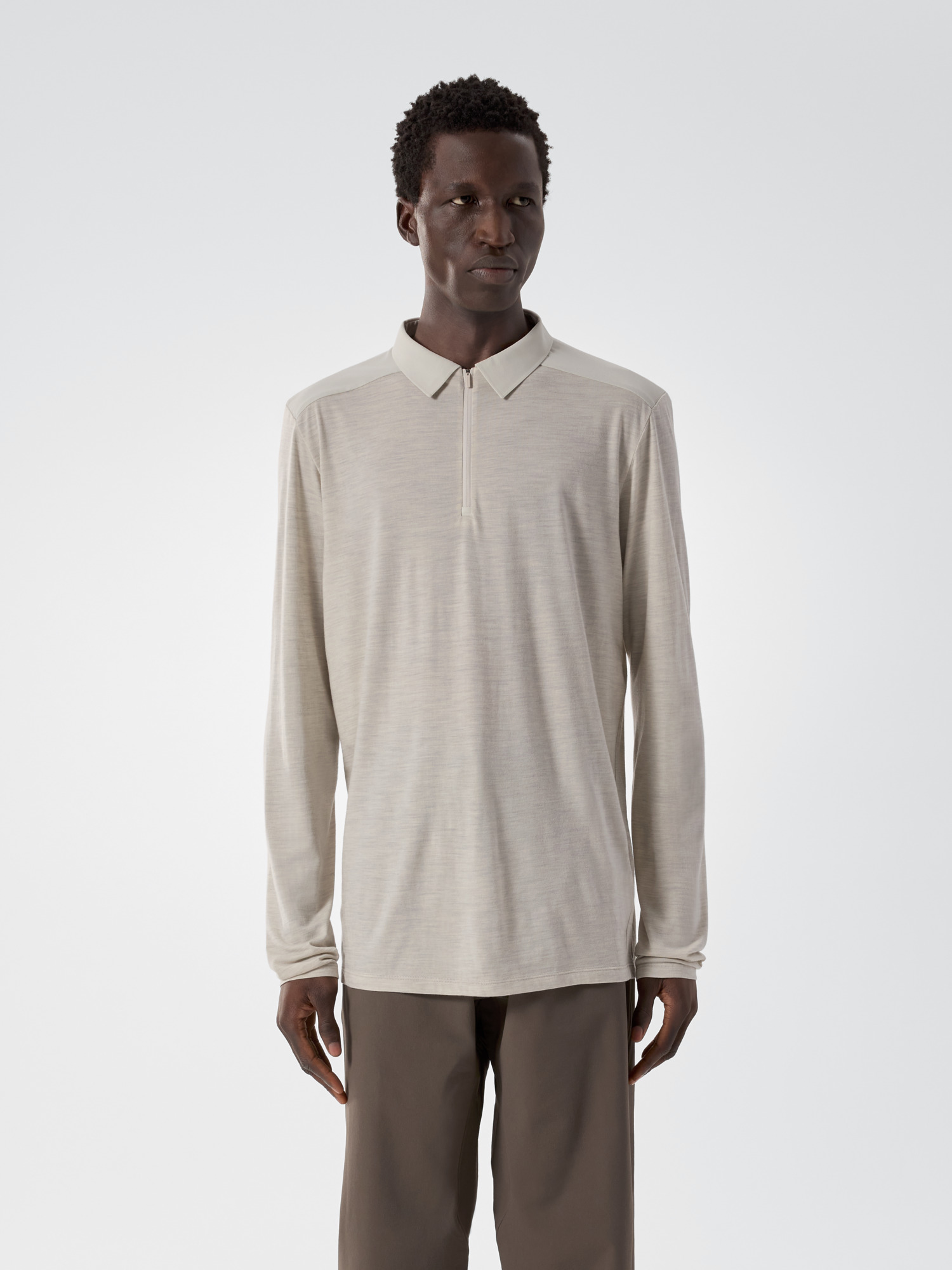 F25-X000007226-Frame-Polo-Shirt-LS-Dark-Cocoon-Heather-Front-View